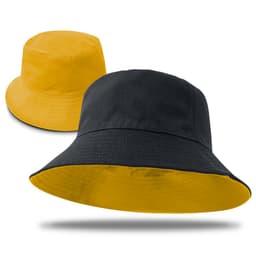 A reversible bucket hat displaying yellow on one side and black on the other, featuring a logo.