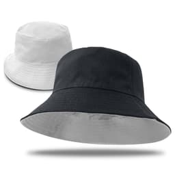 A reversible bucket hat featuring black on one side and white on the other, with a branded logo.