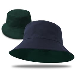 A reversible bucket hat featuring a dark green side and a navy blue side, with a simple design and a logo.