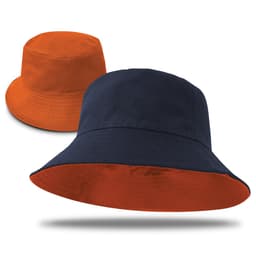 A reversible bucket hat featuring navy on one side and orange on the other, with a logo displayed.