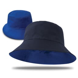 A reversible bucket hat in navy and bright blue, featuring a logo on one side.