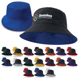 A reversible bucket hat in blue and black, featuring a logo, available in various colours.