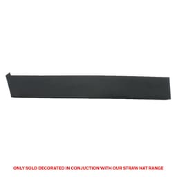 A black cotton hatband with a straight edge, designed for use with straw hats. Features a logo.