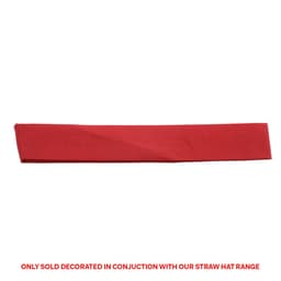 A red cotton hatband displayed flat, featuring a logo, designed for use with straw hats.