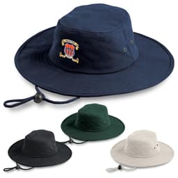 A navy blue brimmed bucket hat with a logo, accompanied by green and beige versions, featuring adjustable cords.