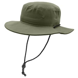 A green bucket hat with a wide brim and adjustable drawstring, featuring a logo on the side.