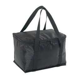 A black cooler bag with dual handles and a zip closure, featuring a simple design. It includes a logo on the front.