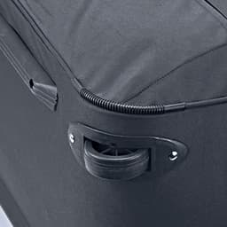 Black wheeled duffle bag featuring sturdy wheels and a zippered opening. Includes a logo on the side.