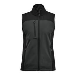 A women's softshell vest in dark green and black, featuring a high collar and multiple zippered pockets.