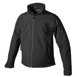 A black softshell jacket with a high collar and zippered pockets, featuring a logo on the left side.