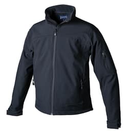 A black softshell jacket with a zip front, high collar, and side pockets, featuring a branding logo.