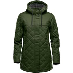 A women's quilted puffer jacket in dark green with a hood and a checkered lining, featuring a logo.
