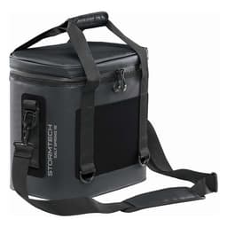 A cooler bag in dark grey with a padded handle and shoulder strap, featuring a logo.