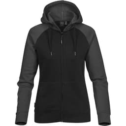 A women's zip hoodie in black with contrasting grey sleeves, featuring a hood and front pockets, includes a logo.