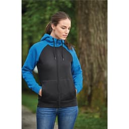 A zip hoody featuring a black body and blue sleeves, designed with a hood and front pockets. It has a logo.