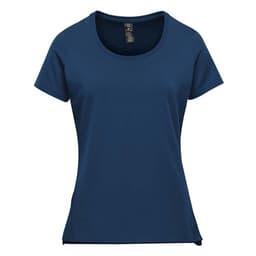 A navy short sleeve women's t-shirt featuring a crew neck and a subtle logo.