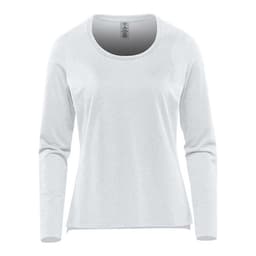 A light grey long sleeve performance tee featuring a round neckline and logo on the label.