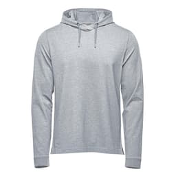 A light grey men's pullover hoody with a hood and long sleeves. The garment features a logo.