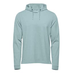 A light blue pullover hoody with a front pocket and a drawstring adjustable hood. It features a logo.