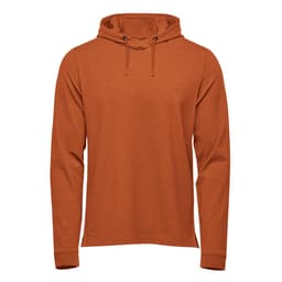 Men's pullover hoodie in burnt orange, featuring a drawstring hood and long sleeves. Includes a branding logo.