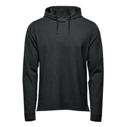 A dark grey pullover hoody with a hood and drawstrings, featuring long sleeves and a simple design.