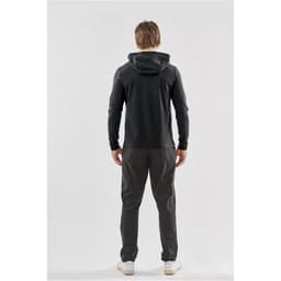 Men's Montebello pullover hoody in dark grey, featuring a hood and slim fit, worn with matching pants.