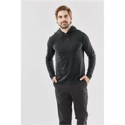 A dark grey Men's Montebello Pullover Hoody displayed on a model, featuring a hood and long sleeves.