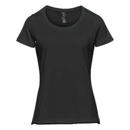 A black women's short sleeve tee with a round neckline and a subtle logo.