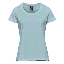 A light blue women's short sleeve tee featuring a round neckline and a logo on the label.