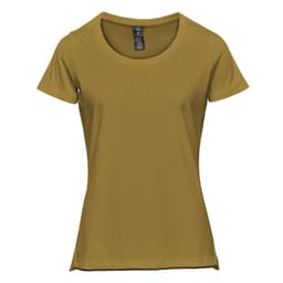 A women's short sleeve tee in a mustard yellow colour, featuring a round neckline and a logo.