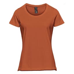 An orange Women's Equinox short sleeve tee with a rounded neckline and a fitted style. Features a branding logo.