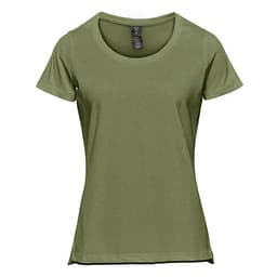 A green women's short sleeve tee with a round neckline and a logo on the label.
