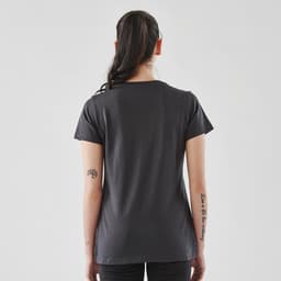 A women's short sleeve tee in a dark grey colour, featuring a plain back view and a fitted design.