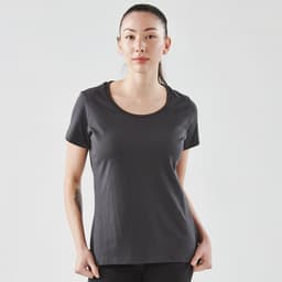 A fitted women's short sleeve tee in dark grey, featuring a round neckline and a logo on the side.