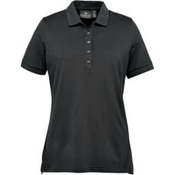 A women's polo shirt in dark grey, featuring a button placket and a branded logo. Short sleeves and a classic fit.