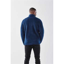 A men's Bergen Sherpa fleece jacket in a deep blue colour, featuring a high collar and a back view.