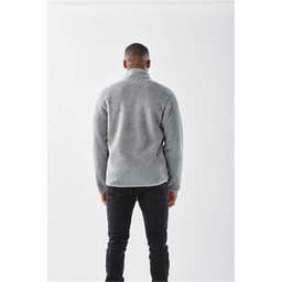 A men's grey Bergen Sherpa fleece jacket, viewed from the back, featuring a logo on the upper back.