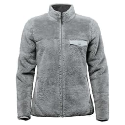 A women's polar fleece jacket in a soft grey shade featuring a zip front and a pocket on the chest.