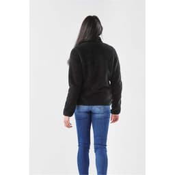 A black women's Bergen Sherpa fleece jacket displayed from the back, worn with blue jeans. The jacket has a branded logo.