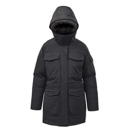 A black women's parka jacket with a hood, featuring multiple front pockets and a sleek design.
