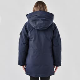 A navy blue women's Denali parka featuring a hood and a casual fit, viewed from the back.