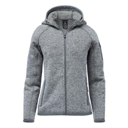 A grey full zip fleece hoody with a hood and a logo, featuring a textured fabric and side pockets.