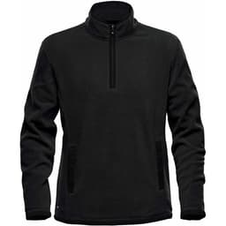 A black men's fleece jumper featuring a 1/4 zip design and side pockets, with a logo on it.
