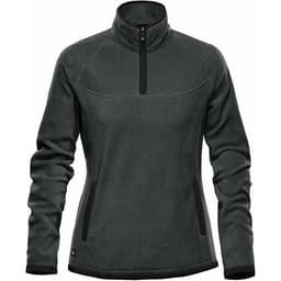A women's dark green fleece jumper featuring a 1/4 zip and side pockets, with a logo on the front.
