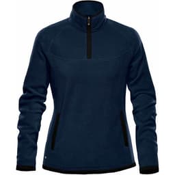 A women's polar fleece jumper in navy with black accents, featuring a 1/4 zip and side pockets. It has a logo.