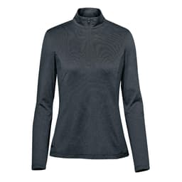 A women's pullover in dark grey with a 1/4 zip and long sleeves, featuring a logo on the side.
