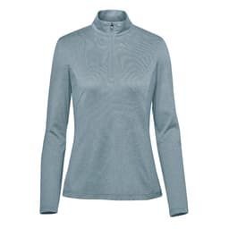 A light blue women's pullover with a 1/4 zip and long sleeves. It has a logo on the chest.