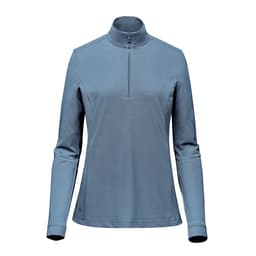 A women's 1/4 zip pullover in a soft blue colour, featuring long sleeves and a stand-up collar. It has a logo.