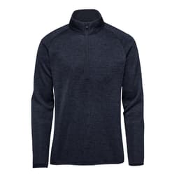 A men's half-zip fleece jacket in navy blue with long sleeves and a stand-up collar. It has a logo on it.