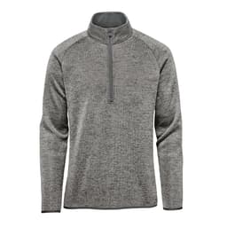 A grey men's fleece jacket featuring a half-zip collar and long sleeves, with contrasting fabric at the neck.